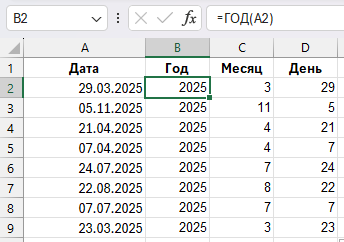 Excel: извлечение года, месяца и дня из даты функциями ГОД, МЕСЯЦ и ДЕНЬ — показаны формулы и результаты в соседних столбцах.