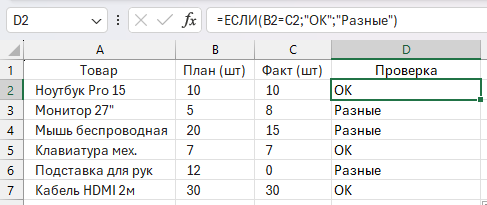 Пример работы формулы ЕСЛИ для сравнения двух ячеек в одной строке