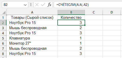 Использование формулы СЧЁТЕСЛИ для подсчета количества повторений каждого значения