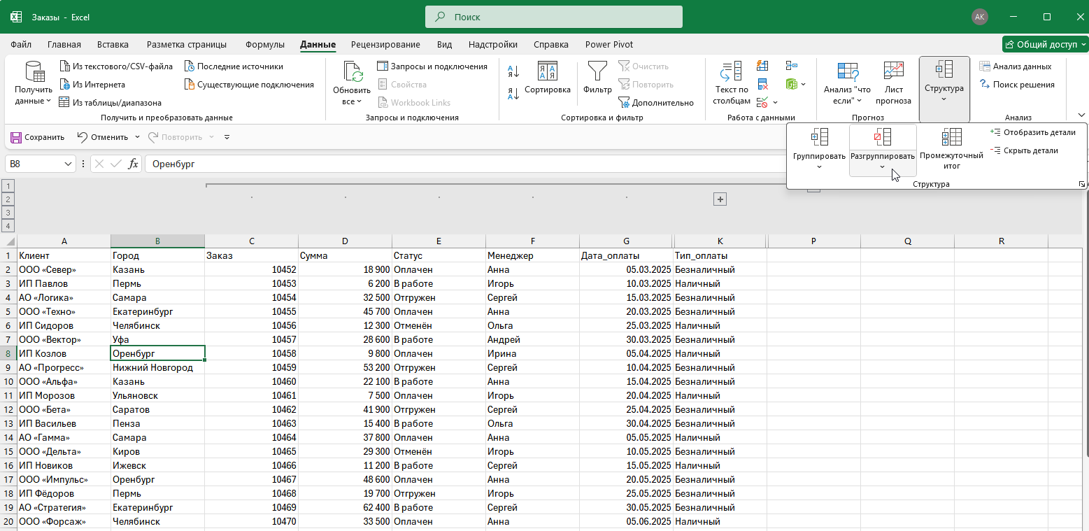 Скрытые столбцы из-за группировки: уровни структуры и кнопки плюс-минус