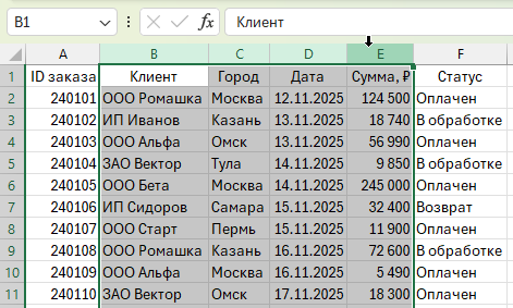 Выделение диапазона столбцов с помощью клавиши Shift