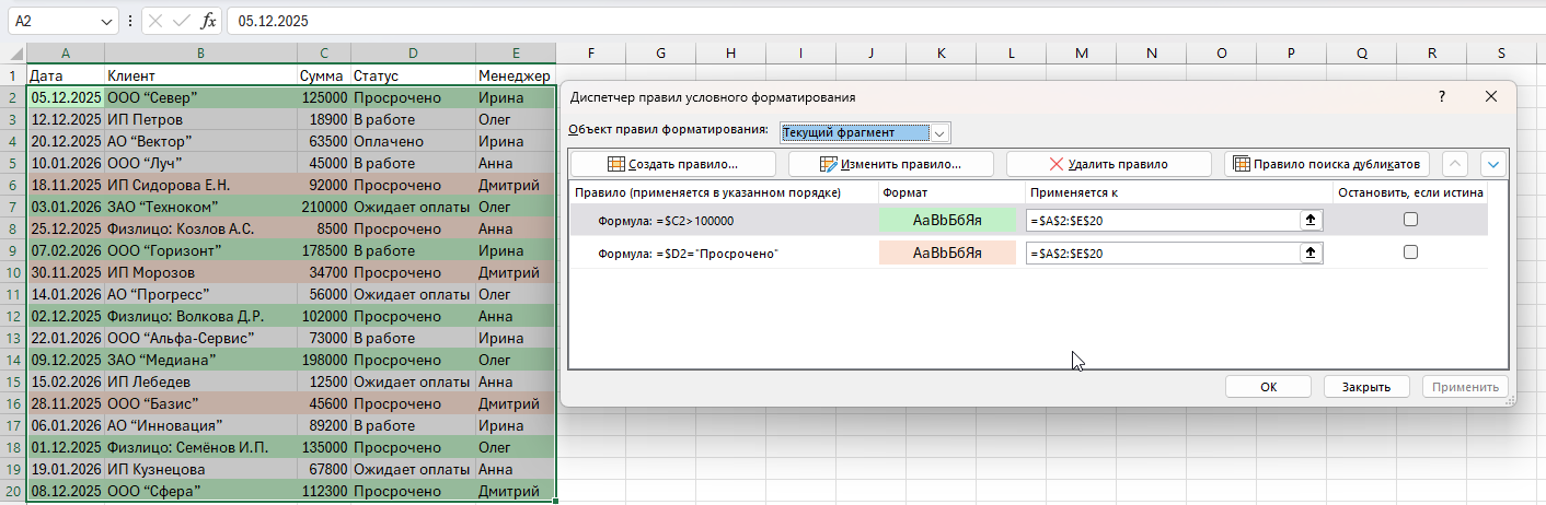 Пример формулы в условном форматировании для подсветки строк по сумме или дате