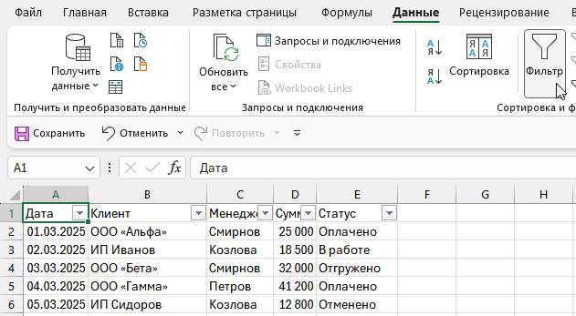 Вкладка Данные в Excel с кнопкой Фильтр