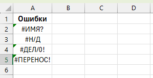 Пример разных ошибок формул Excel в одном столбце