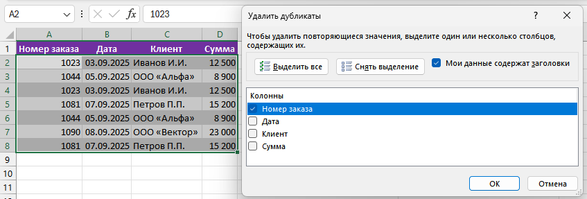 Окно Excel «Удалить дубликаты», где включён только один столбец